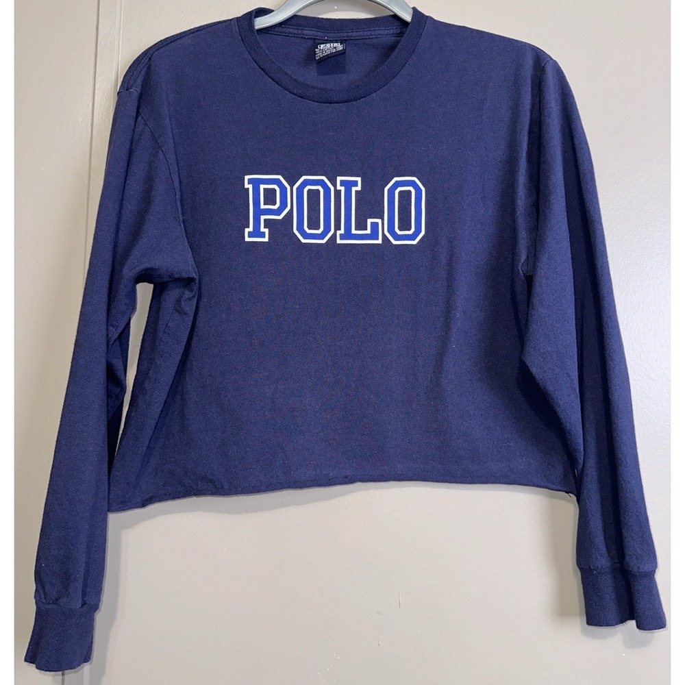 Women's Vintage Polo Crew Neck Crop Long Sleeve Navy Blue Shirt Size Extra Large